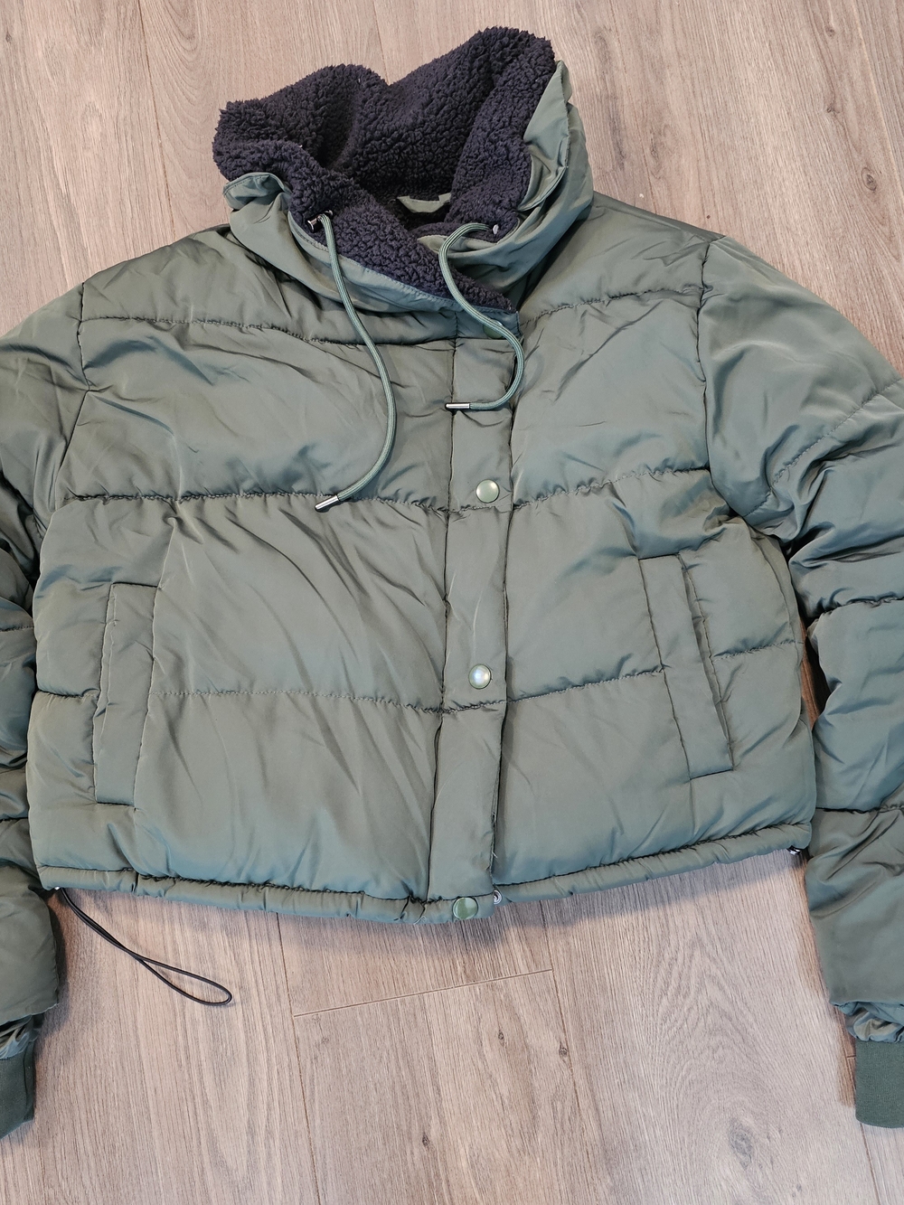 BDG Olive Green Cropped Puffer Jacket with Black Sherpa Hood